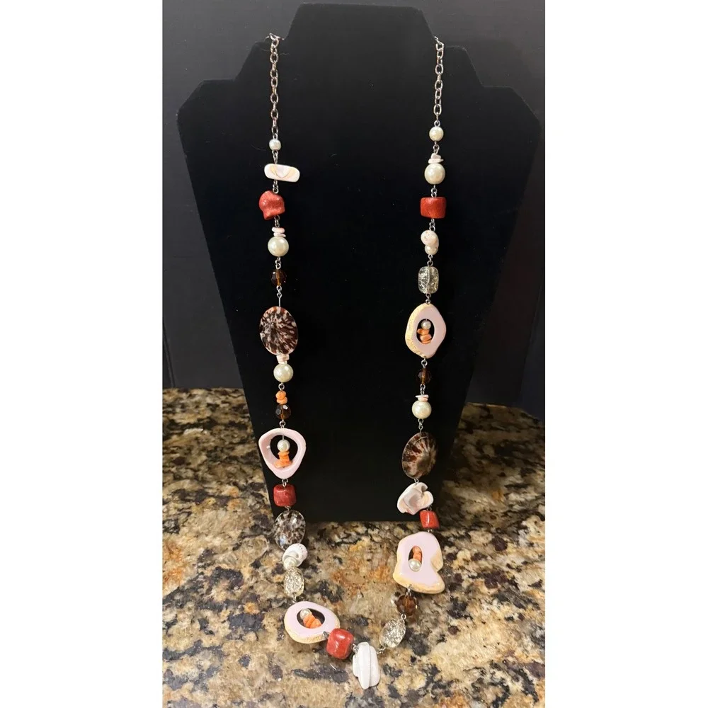Chicos Womens Necklace Pink Shell Faux Pearl Coral Beaded Long Station Statement